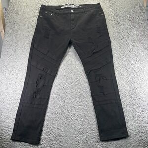 GSTR Jeans Mens 42x33 Black Denim Straight Leg Ripped Distressed Biker Stretch